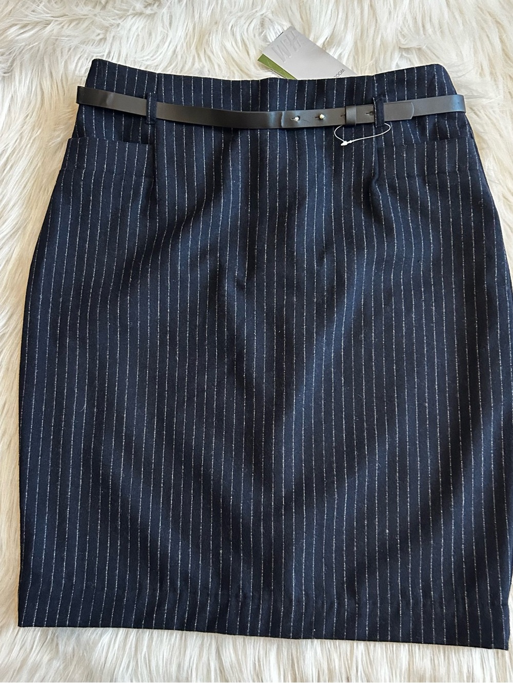 H&M Black Pinstripe Pencil Skirt with Black Belt